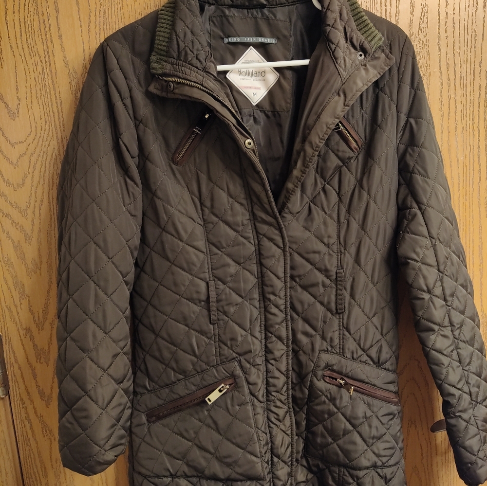 Quilted Long Puffer Jacket in Olive - Picture 1 of 6